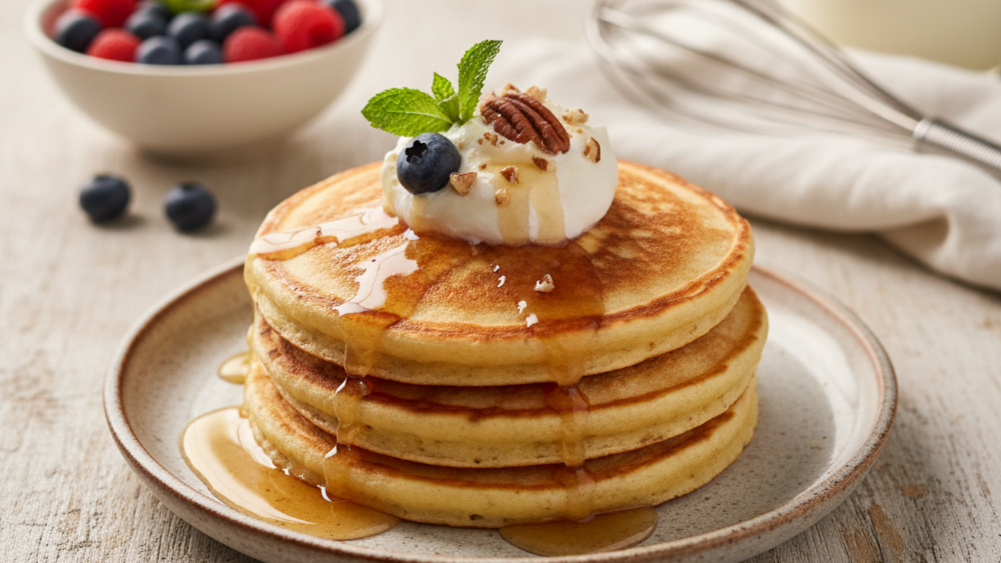 Stack of fluffy keto pancakes topped with berries and sugar-free syrup, perfect for a low-carb breakfast.