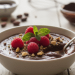 Decadent vegan chocolate mousse served in a glass ramekin, garnished with fresh raspberries and chocolate shavings.