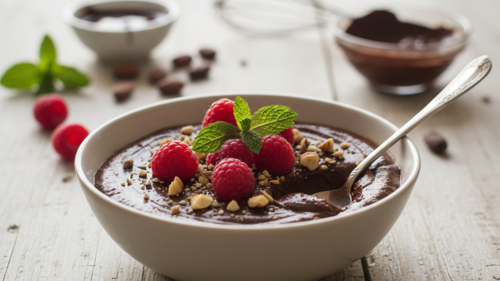 Decadent vegan chocolate mousse served in a glass ramekin, garnished with fresh raspberries and chocolate shavings.