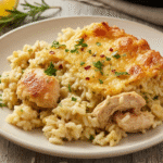 A warm and bubbling chicken rice casserole, garnished with fresh parsley, in a ceramic baking dish, ready to be served.