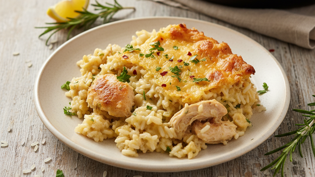 A warm and bubbling chicken rice casserole, garnished with fresh parsley, in a ceramic baking dish, ready to be served.