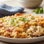 A delicious and creamy low fodmap chicken rice casserole in a white baking dish, garnished with fresh parsley.
