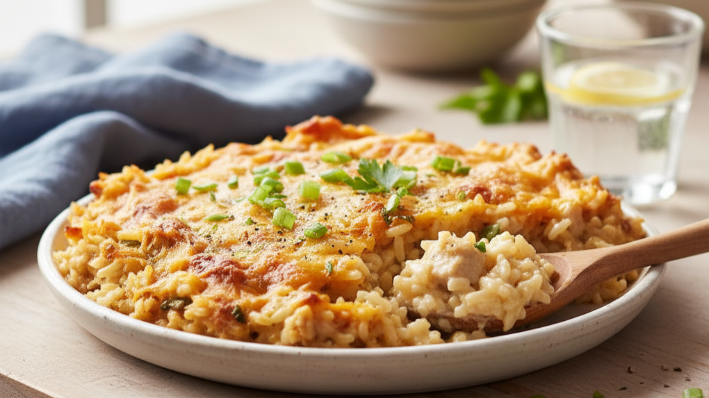 A delicious and creamy low fodmap chicken rice casserole in a white baking dish, garnished with fresh parsley.