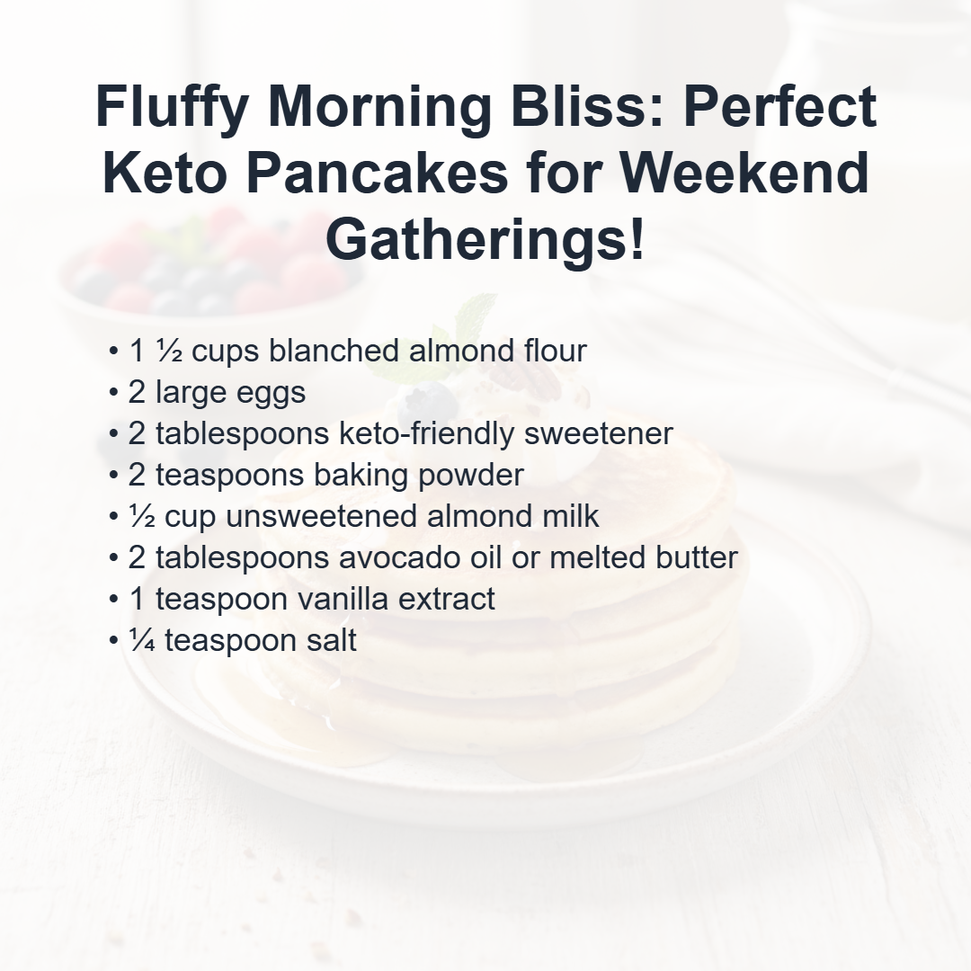 Collection of ingredients for making fluffy keto pancakes, including blanched almond flour, eggs, and almond milk.