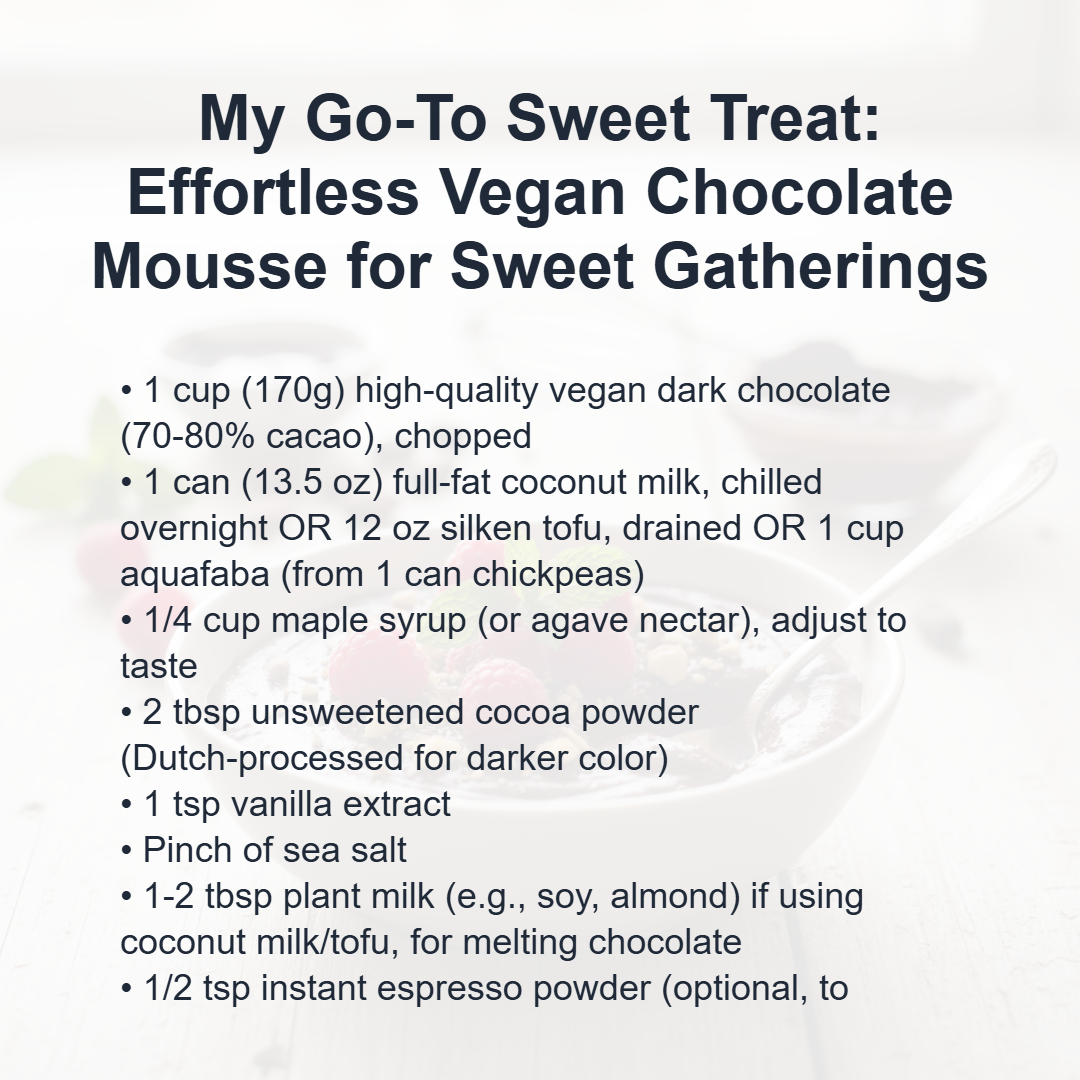 Collection of ingredients for vegan chocolate mousse, including dark chocolate, coconut milk, maple syrup, and cocoa powder.