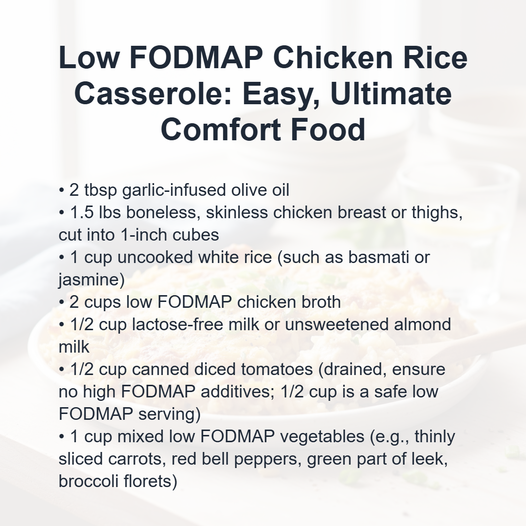 Essential ingredients for a low fodmap chicken rice casserole including chicken, rice, low fodmap broth, vegetables, and seasoning.