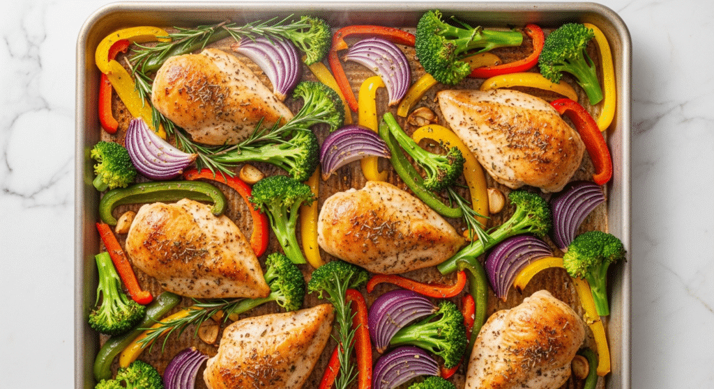 Healthy sheet pan chicken with roasted broccoli and bell peppers, perfect for weight loss meal prep.
