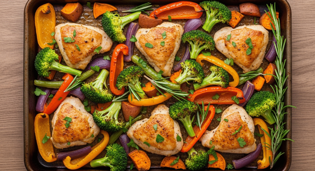 Delicious and healthy whole30 sheet pan chicken and vegetables, roasted to perfection with golden chicken and vibrant veggies.