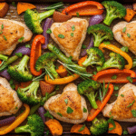 Delicious and healthy whole30 sheet pan chicken and vegetables, roasted to perfection with golden chicken and vibrant veggies.