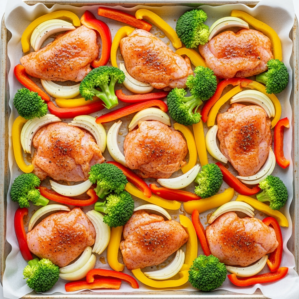 Close-up of raw seasoned chicken and chopped vegetables on a sheet pan, ready for roasting.