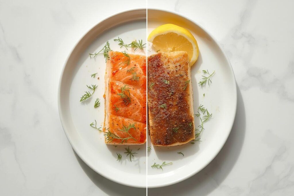 Delicious air fryer vs pan seared salmon fillets side-by-side on a white plate, showcasing crispy skin and flaky texture.