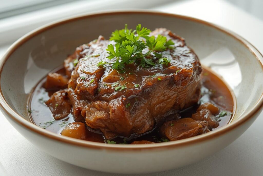 Succulent braised beef in a ceramic bowl, expertly prepared to tenderize tough beef cuts for a delicious meal.