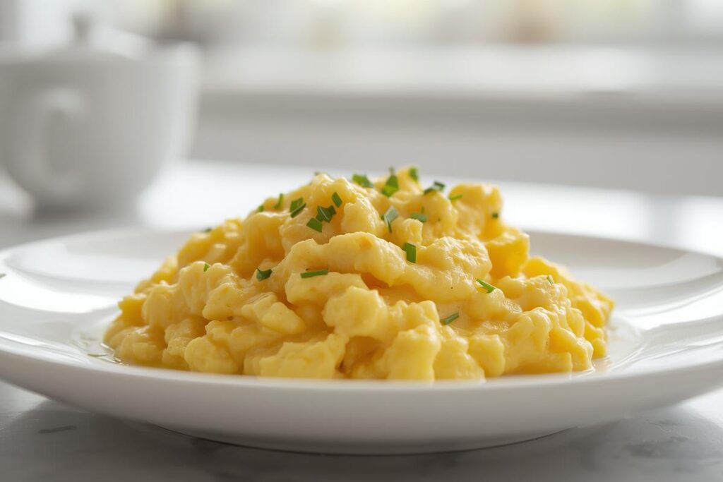 A beautiful plate of soft, creamy scrambled eggs with fresh chives, showcasing the creamy scrambled eggs secret.