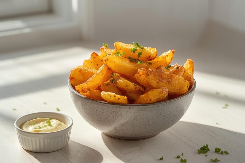 A rustic ceramic bowl overflowing with golden, perfectly crispy air fryer potatoes, garnished with fresh parsley.