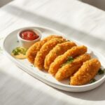 Crispy baked chicken strips with two dipping sauces on a white plate, perfect for budget kid-friendly chicken dinners.
