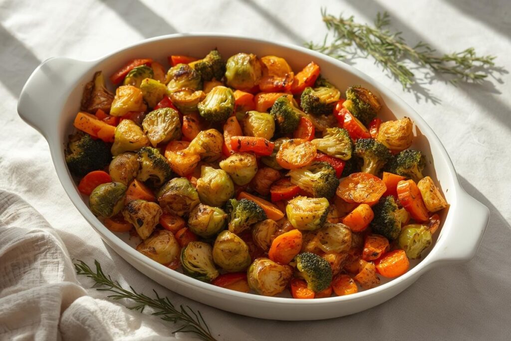 Platter of perfectly roasted mixed vegetables, highlighting the differences in texture from Air Fryer vs Oven Roasted Vegetables Holiday.