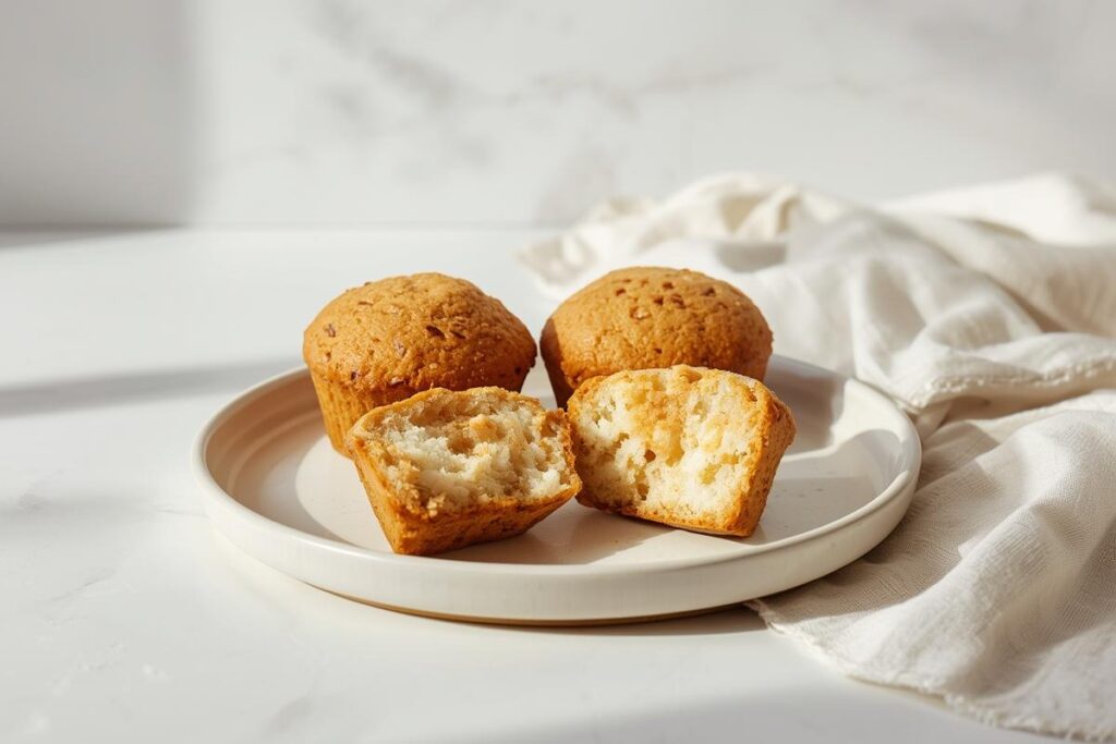 Plate of moist gluten-free muffins on a light surface, showing soft interior crumb, an ideal way to fix dry gluten-free muffins.