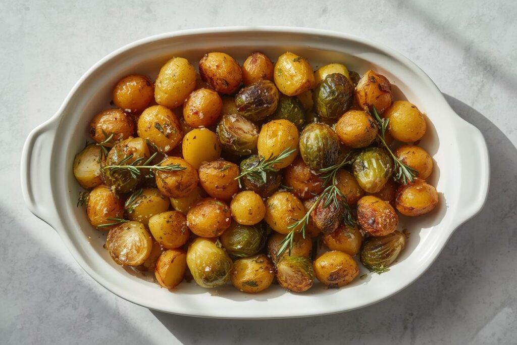 Golden roasted potatoes and caramelized Brussels sprouts on a white platter, showcasing perfect holiday sides air fryer oven dishes.