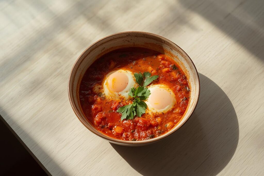 Vibrant shakshuka with perfectly poached eggs and fresh herbs, an ideal option for high-protein egg breakfasts.