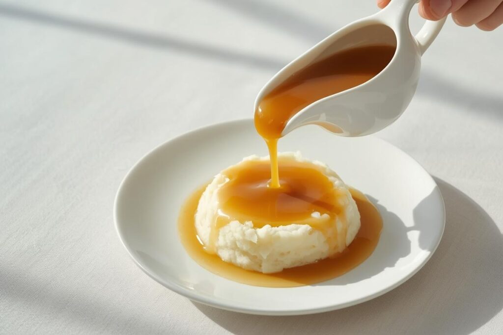 Smooth, glossy gluten-free gravy in a white boat, ready to serve, illustrating how to fix lumpy gluten-free gravy.
