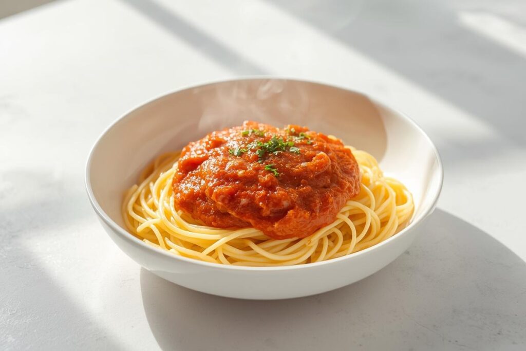 Delicious spaghetti with 'Superhero' sauce, a perfect hide veggies kids meals solution. Bright, appetizing, and healthy.