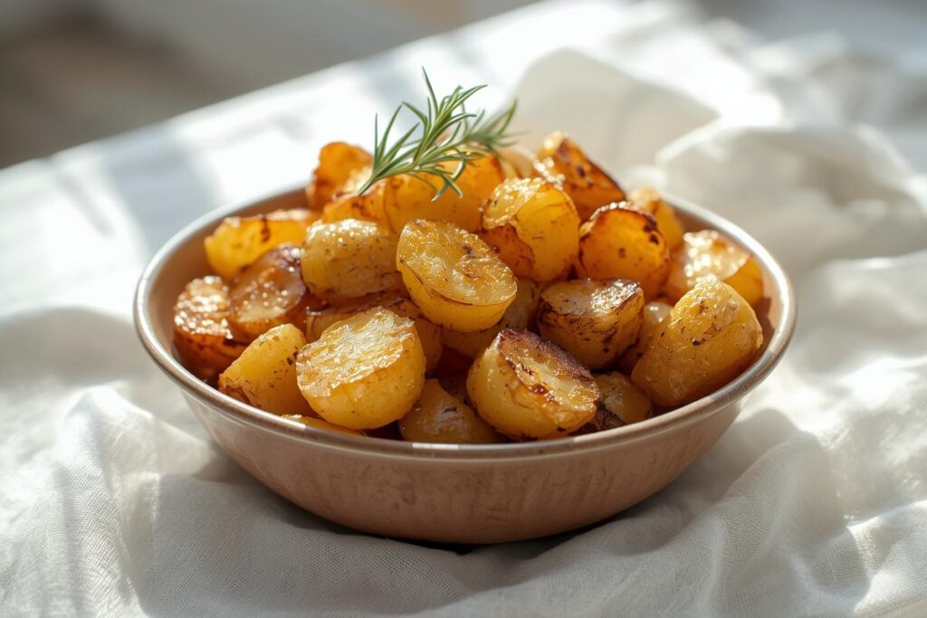 A rustic ceramic bowl filled with golden-brown ultra crispy roasted potatoes, garnished with fresh rosemary. They look perfectly crunchy.