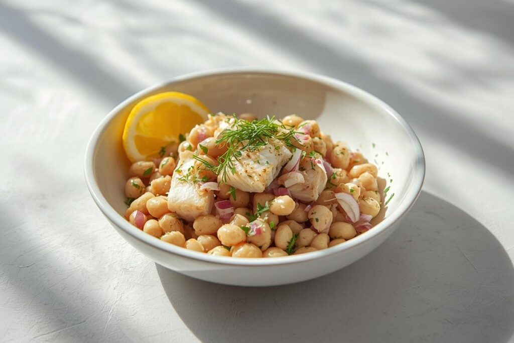 A vibrant Zesty Mackerel and White Bean Salad in a ceramic bowl, perfect for canned seafood high-protein lunches.
