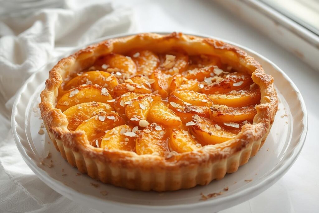 Golden brown caramelized peach easy upside-down puff pastry tart on a minimalist white plate, flaky crust visible.