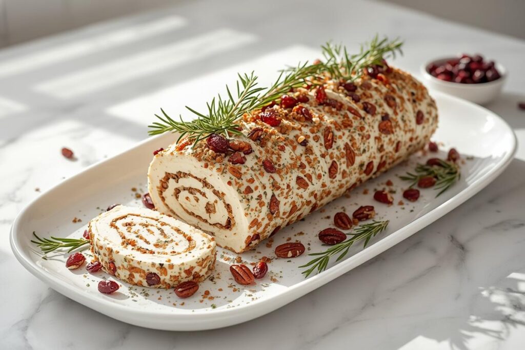 A beautifully garnished cranberry-pecan goat cheese log on a white platter, a perfect example of easy no-cook holiday sides.