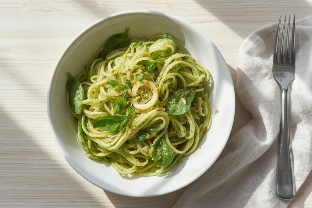 Creamy lemon-garlic spinach pasta in a white bowl, showcasing creative spinach meals. Fresh greens and lemon zest top the dish.
