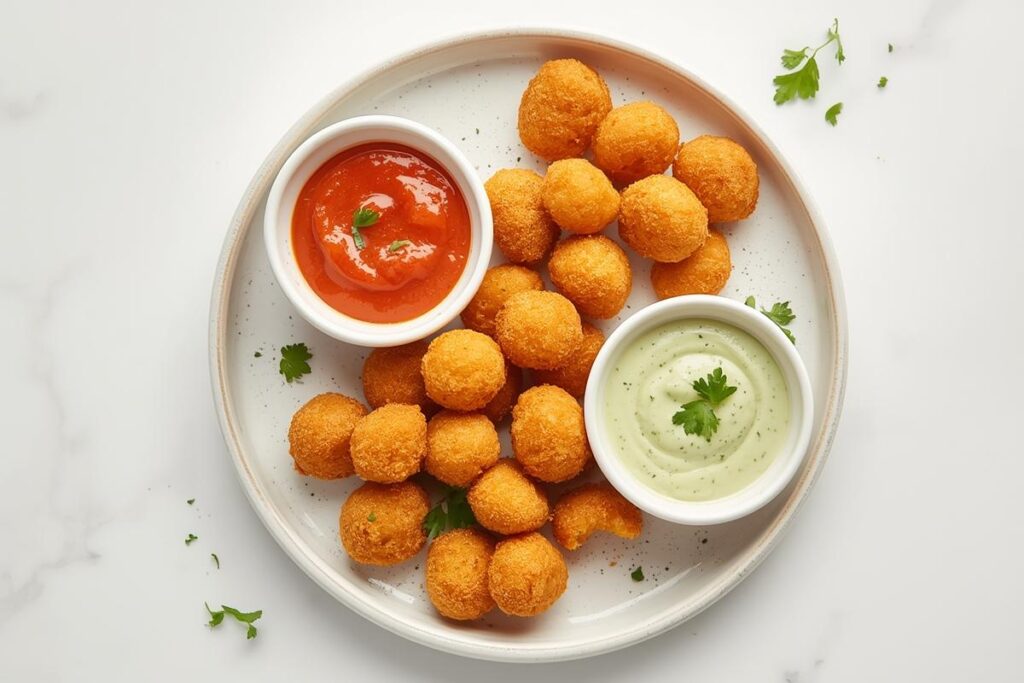 Crispy golden chickpea nuggets with vibrant dipping sauces, a delicious option for kid-friendly chickpea dinners.