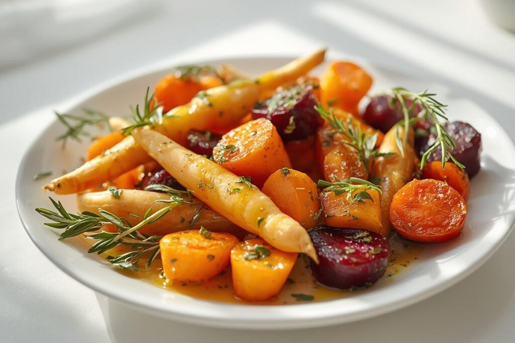 Golden roasted root vegetables with herb vinaigrette on a white platter, a perfect budget friendly holiday sides dish.
