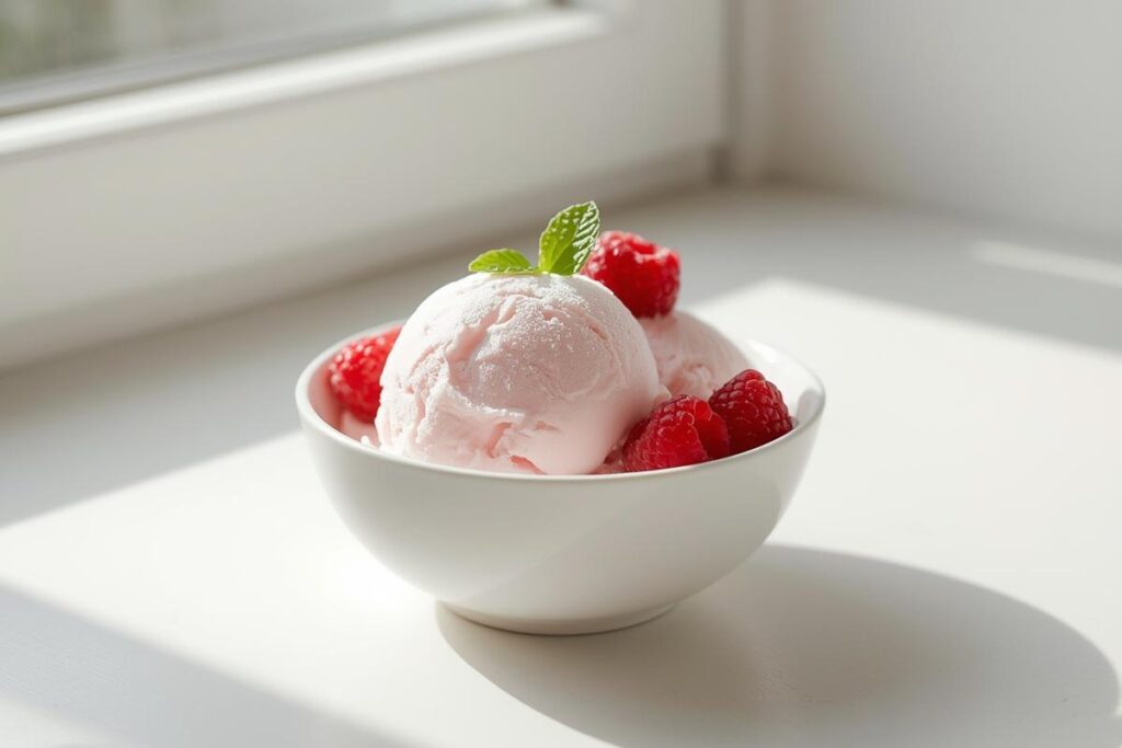 A beautifully scooped bowl of creamy, light pink healthy no-churn cottage cheese ice cream, garnished with fresh raspberries and a mint sprig.