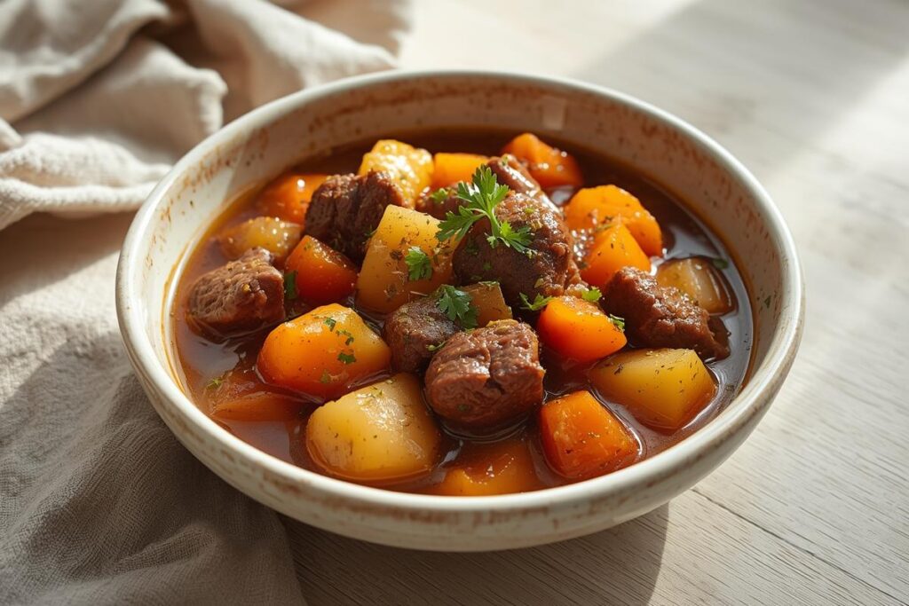 A hearty bowl of beef and root vegetable stew, perfect for budget-friendly beef dinners. Tender beef and colorful vegetables in a rich broth.