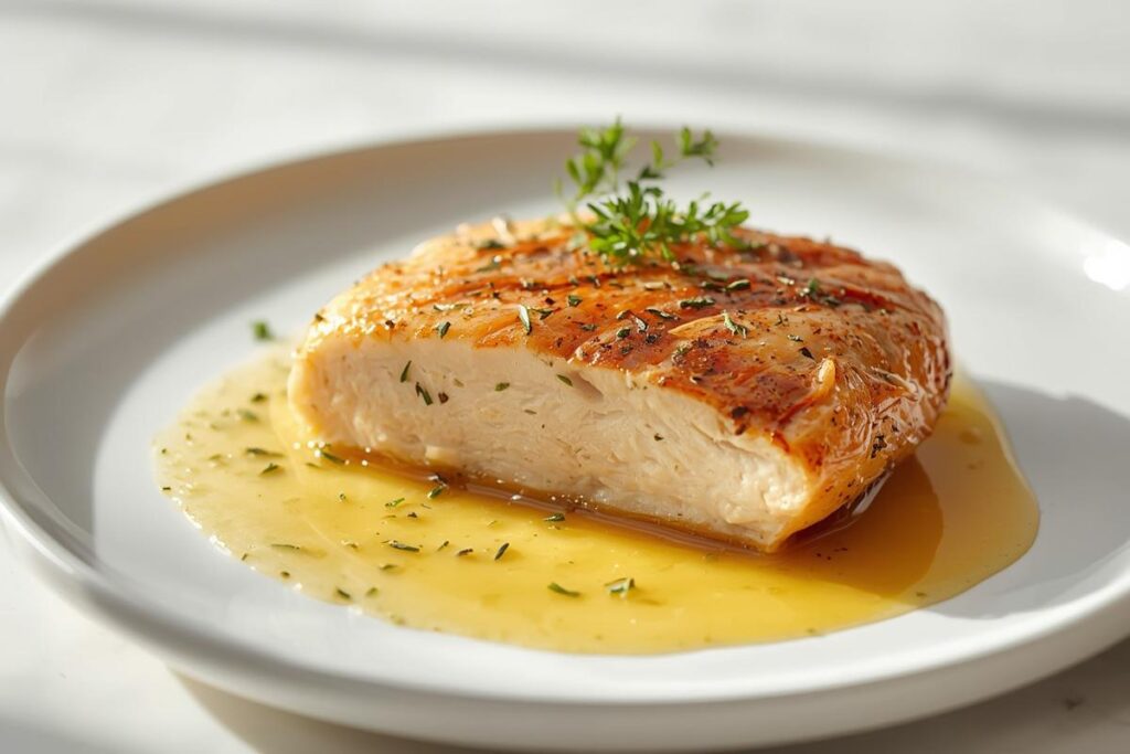 A beautifully cooked, moist chicken breast, sliced to show its juicy interior, served with a vibrant herb sauce on a minimalist white plate. Learn how to fix dry chicken breast with easy techniques.