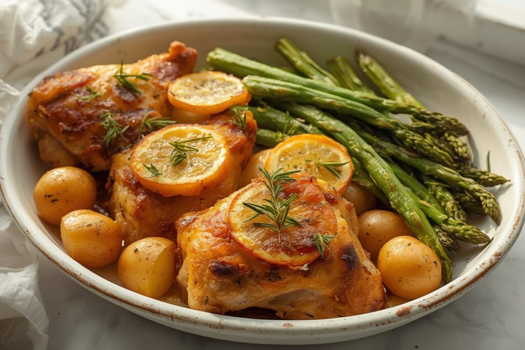 Golden lemon-herb roasted chicken thighs with potatoes and asparagus, a delicious option for budget-friendly chicken thigh dinners.