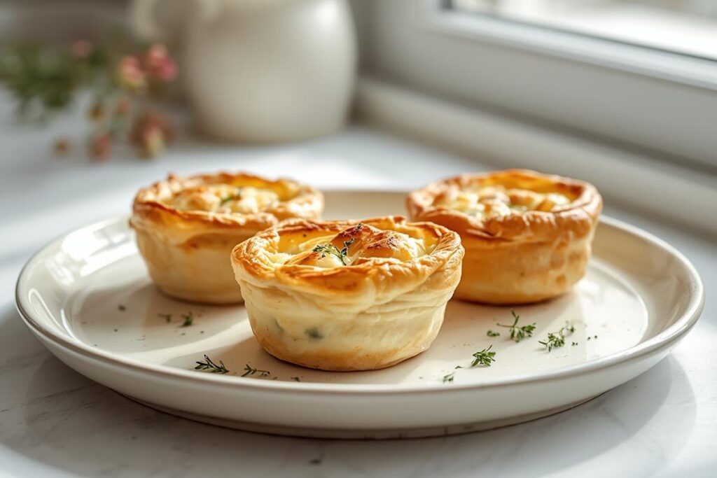 Delicious golden mini chicken pot pies, perfect for kid-friendly rotisserie chicken dinners, arranged on a white plate.