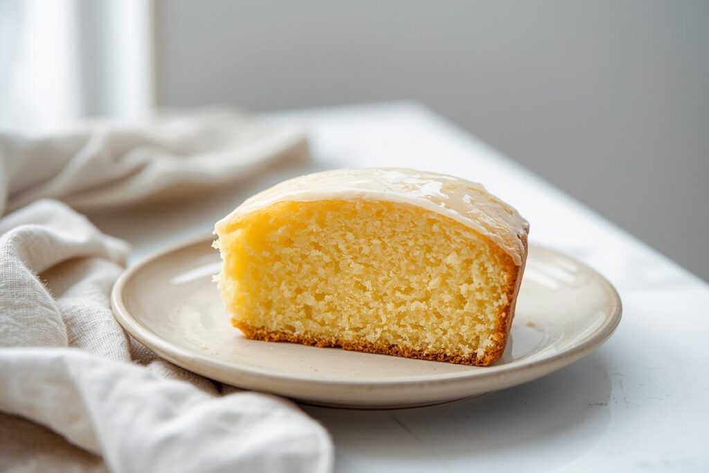 A moist slice of gluten-free lemon loaf cake showing perfect texture, a key step to fix crumbly gluten-free baking.