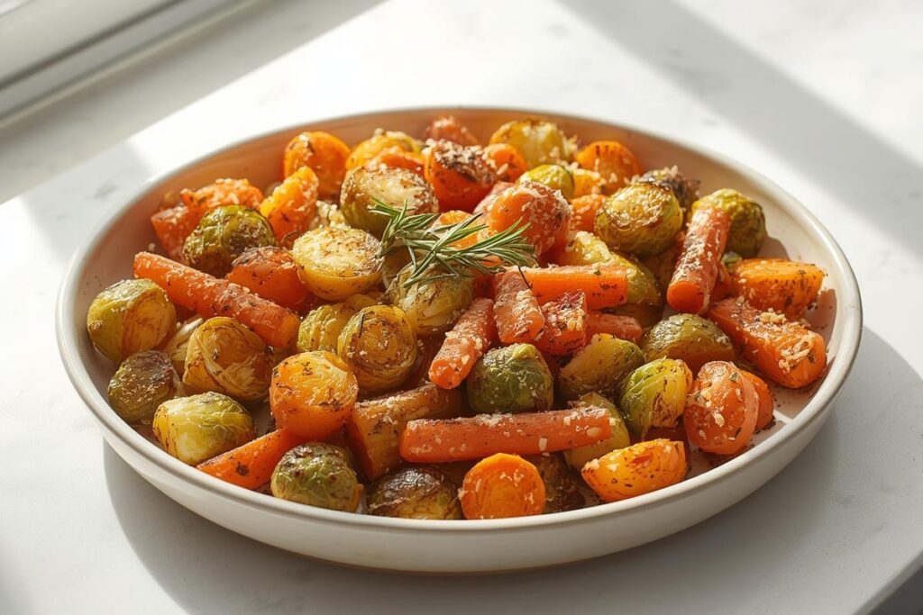 A stunning platter of golden-brown parmesan crusted holiday veggies, including Brussels sprouts and carrots, garnished with fresh herbs.