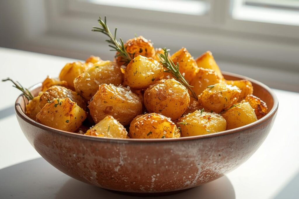 A rustic bowl brimming with golden-brown, perfectly crispy roasted potatoes, seasoned with rosemary and sea salt, showcasing the crispy roasted potatoes secret.