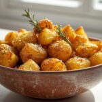 A rustic bowl brimming with golden-brown, perfectly crispy roasted potatoes, seasoned with rosemary and sea salt, showcasing the crispy roasted potatoes secret.