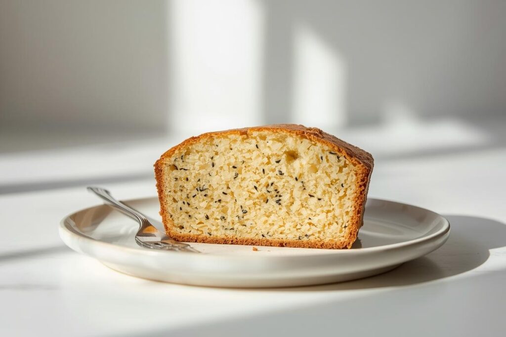 A perfectly moist slice of gluten-free lemon poppy seed loaf on a white plate, showing cohesive texture to fix crumbly gluten-free baking.