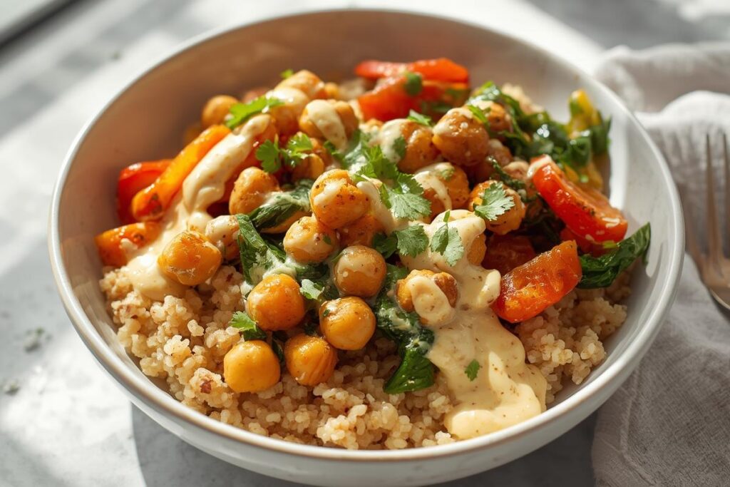 Vibrant quinoa bowl with roasted chickpeas and creamy coconut sauce, showcasing delicious gluten-free pantry staples.