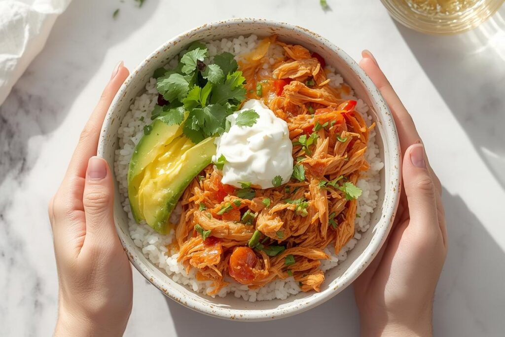 Vibrant shredded chicken burrito bowl with fresh toppings, showcasing a delicious way to rescue overcooked chicken.