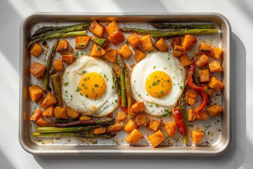 Vibrant and wholesome sheet pan breakfasts with roasted eggs, sweet potatoes, and colorful vegetables, bathed in natural light.