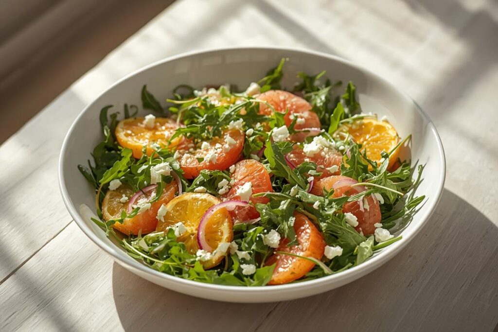 A vibrant citrus and arugula salad with crumbled feta cheese in a white bowl, representing easy no-cook side dishes.