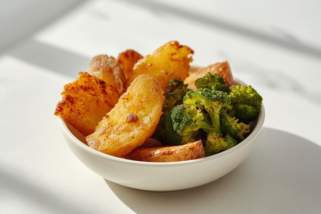 A vibrant bowl of golden, perfectly air-fried potato wedges and roasted broccoli, showcasing ideal crispness for delicious air fryer crispy side dishes.
