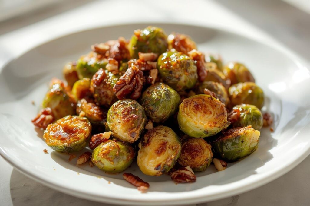 Air Fryer Holiday Sides: A close-up of crispy, glazed Brussels sprouts with pecans on a white plate, bathed in bright light.