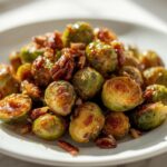 Air Fryer Holiday Sides: A close-up of crispy, glazed Brussels sprouts with pecans on a white plate, bathed in bright light.
