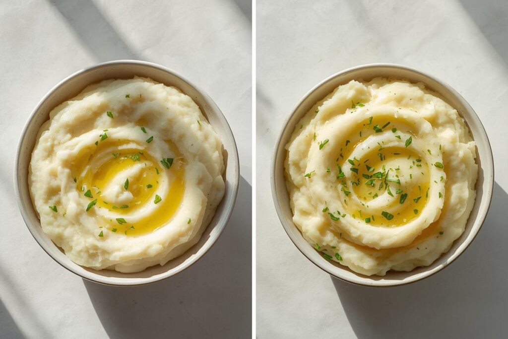Two bowls of mashed potatoes, one classic creamy and one rustic, presented for holiday mashed potatoes comparison.